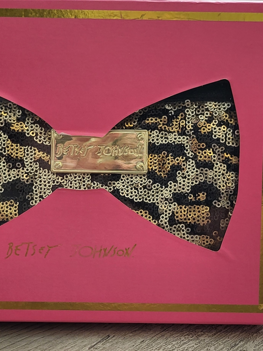 Betsey Johnson Pink Box with Black and Gold Wristlet. NIB